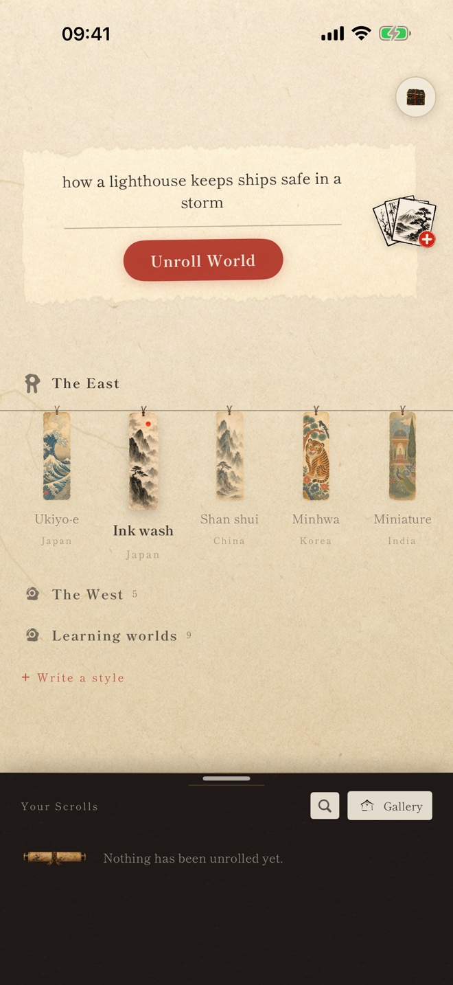 Emaki home screen with the question 'how a lighthouse keeps ships safe in a storm' and painting-style bookmarks: Ukiyo-e, Ink wash, Shan shui, Minhwa, Miniature