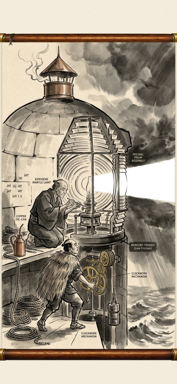A painted scroll scene of a lighthouse interior: keeper at the kerosene mantle lamp, Fresnel prism assembly, clockwork mechanism, storm outside